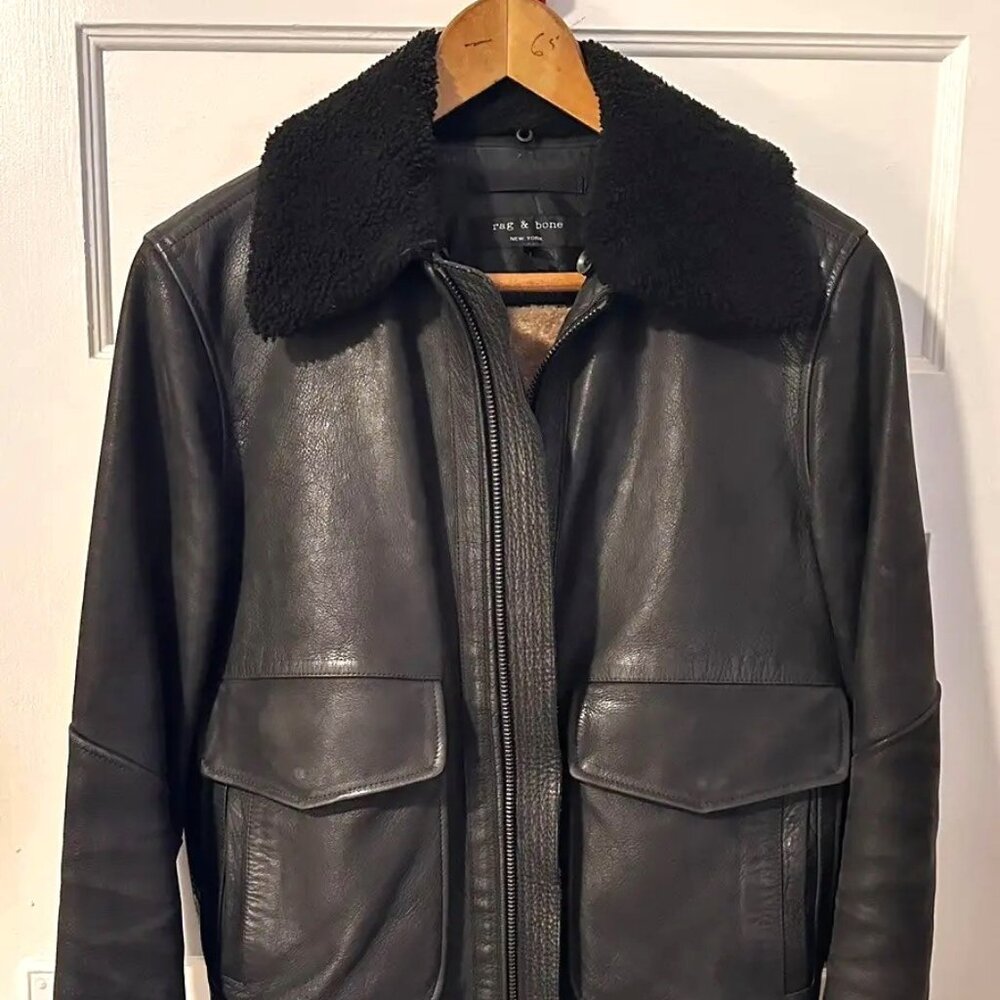 Rag & Bone Leather Bomber Jacket - removable shearling collar